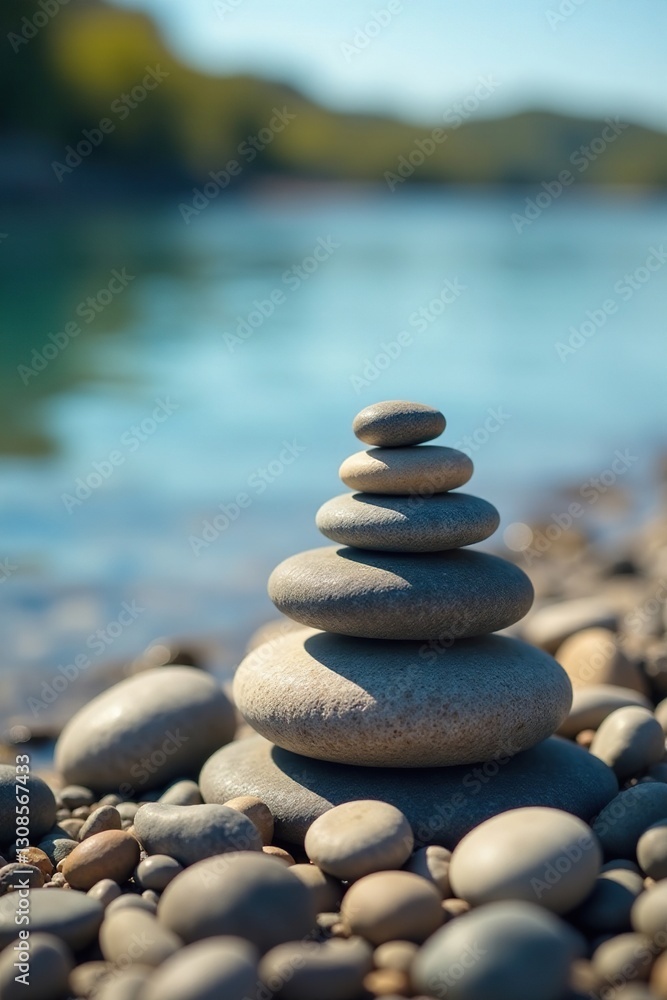 Rounded pebbles form a small cairn near calm water, environment, travel, cairn Rounded pebbles form a small cairn near calm water, environment, travel, cairn