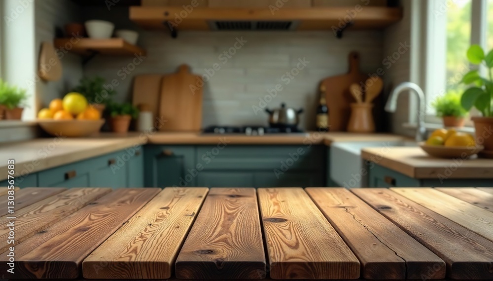 Rustic wooden table, blurred kitchen backdrop, kitchen, countertop, top Rustic wooden table, blurred kitchen backdrop, kitchen, countertop, top