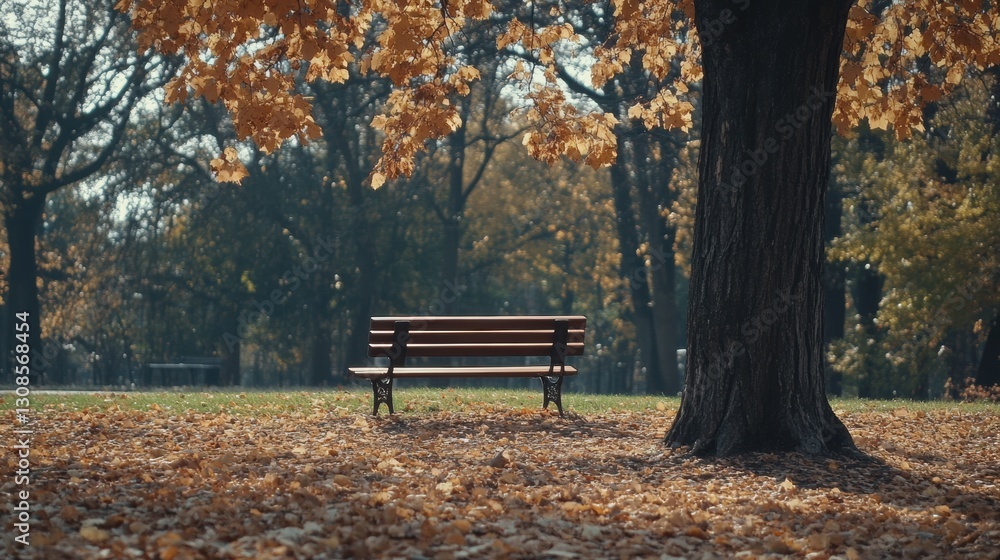 Solitary bench under a tree in a tranquil autumn park with fallen leaves and soft light Generative AI Solitary bench under a tree in a tranquil autumn park with fallen leaves and soft light Generative AI