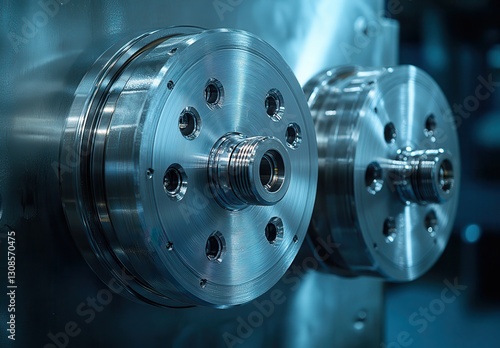 Wallpaper Mural Detailed Close-Up of Precision Metal Components with Complex Surface Patterns, Industrial Equipment, and Shiny Finishes in Blue Lighting Torontodigital.ca