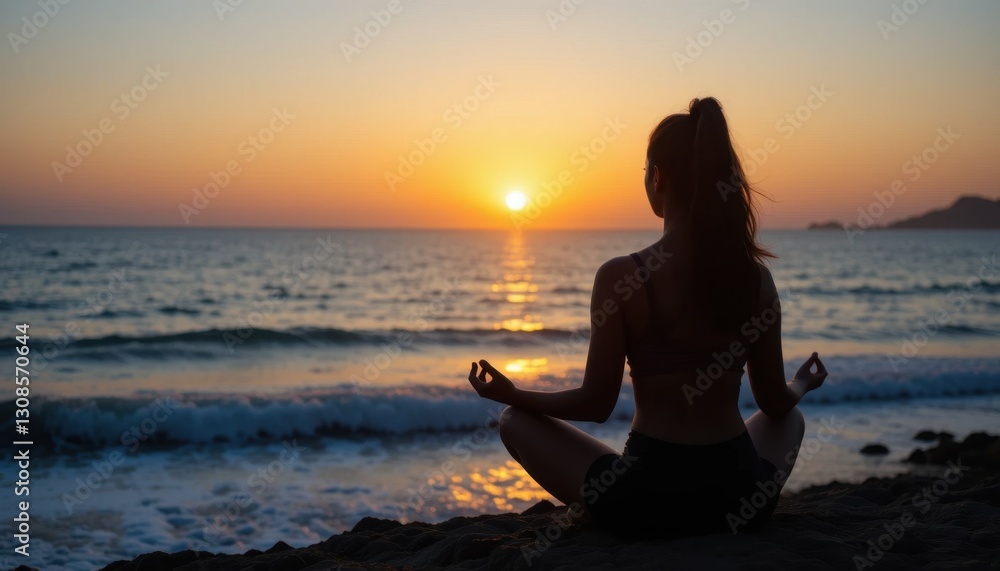 Fototapeta premium Sunset meditation by the beach tranquil ocean lifestyle photography serene environment silhouette view mindfulness concept