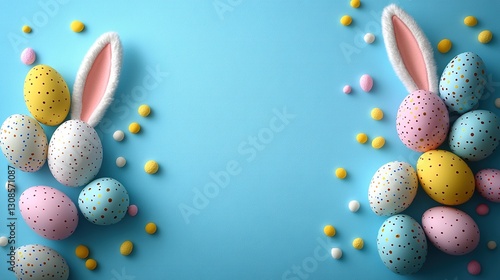Easter Party Ideas featuring an overhead view of Easter bunny ears with white, pink, blue, and yellow eggs on a powder blue background, leaving a blank area in the center for creative designs or text.