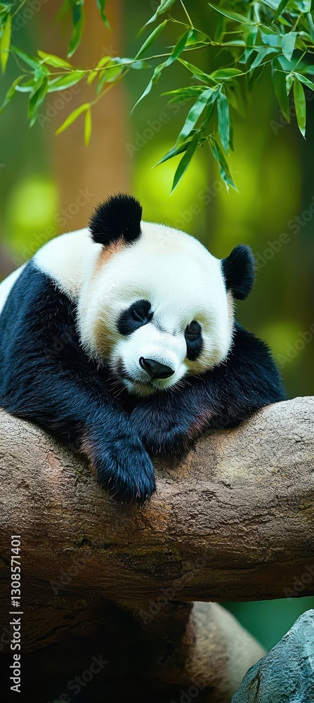 Obraz premium A relaxed panda rests on a log, surrounded by lush green foliage, showcasing its distinctive black and white fur.