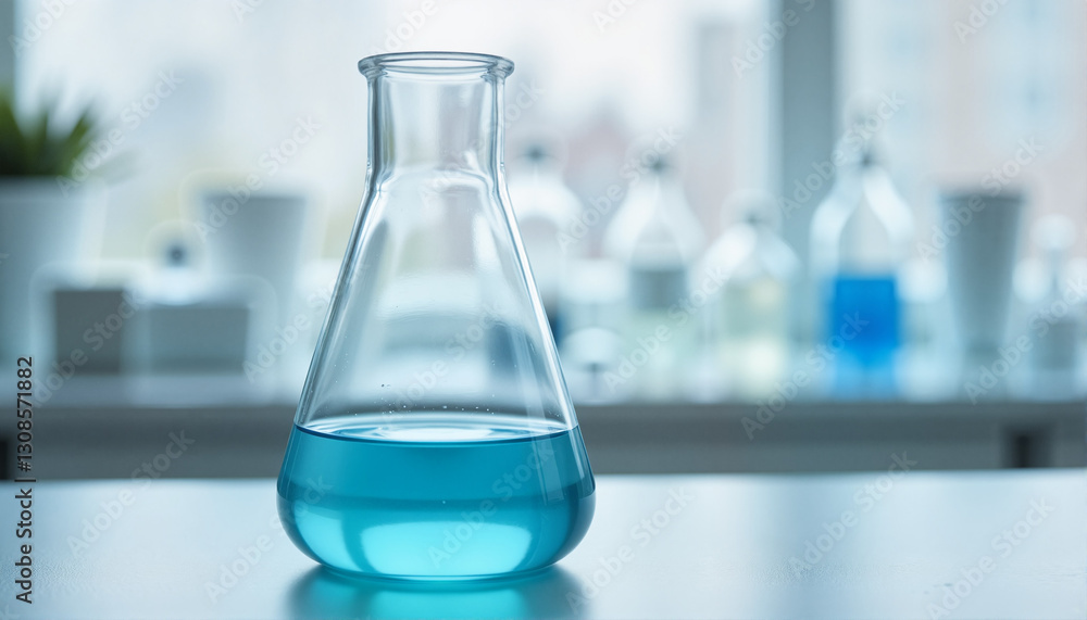Laboratory flask with blue liquid on a clean surface for educational materials, scientific presentations, research articles, chemistry blogs, and laboratory safety information Laboratory flask with blue liquid on a clean surface for educational materials, scientific presentations, research articles, chemistry blogs, and laboratory safety information