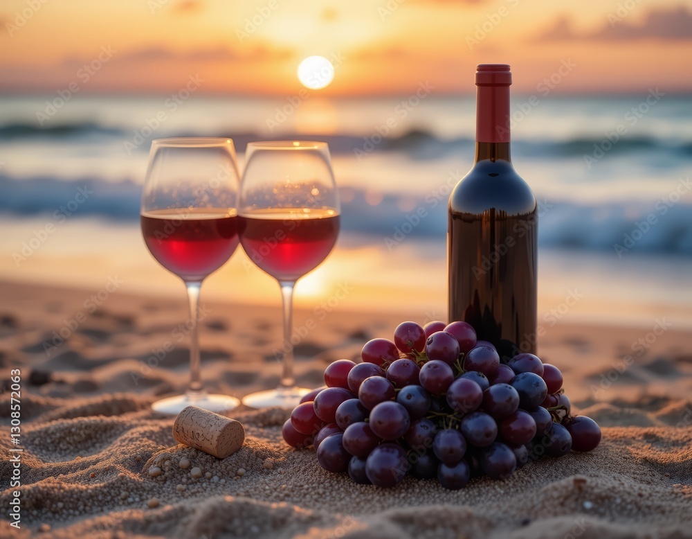 Obraz premium luxury red wine bottle mockup with two glasses and fresh grapes on a sandy beach at sunset near the ocean waves, premium seaside branding for sophisticated summer campaigns