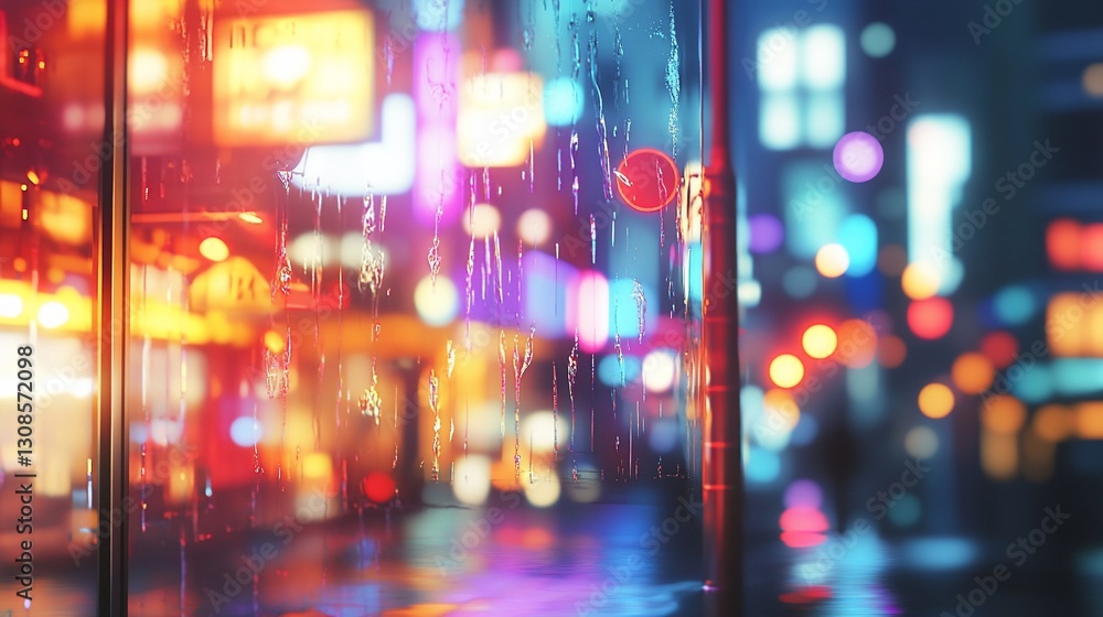 Fototapeta premium Rainy night city scene viewed through wet glass; blurred colorful lights, bokeh effect.