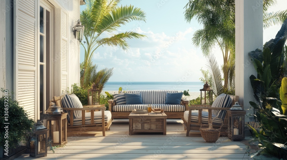 Fototapeta premium Seaside patio with wooden furniture offering relaxation and ocean views in a tropical setting