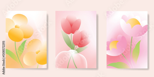 Abstract colorful gradient flower card background set. Minimalist poster with tulip flower. Modern summer and spring wallpaper design for home decoration, website, banner, ads.