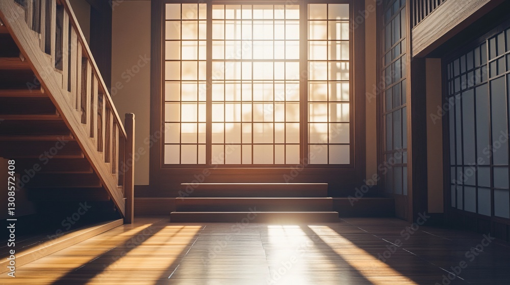 Sunlit interior with wooden staircase, large window, and shoji screens. Sunlit interior with wooden staircase, large window, and shoji screens.