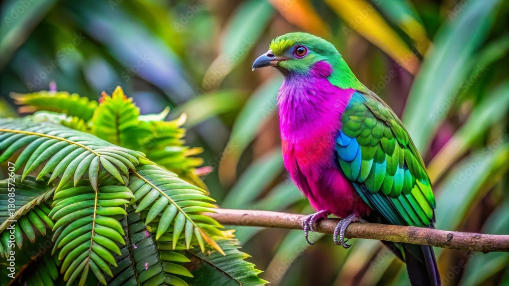 Vibrant Plumage of a Tropical Bird Perched on a Branch Amidst Lush Green Foliage Vibrant Plumage of a Tropical Bird Perched on a Branch Amidst Lush Green Foliage
