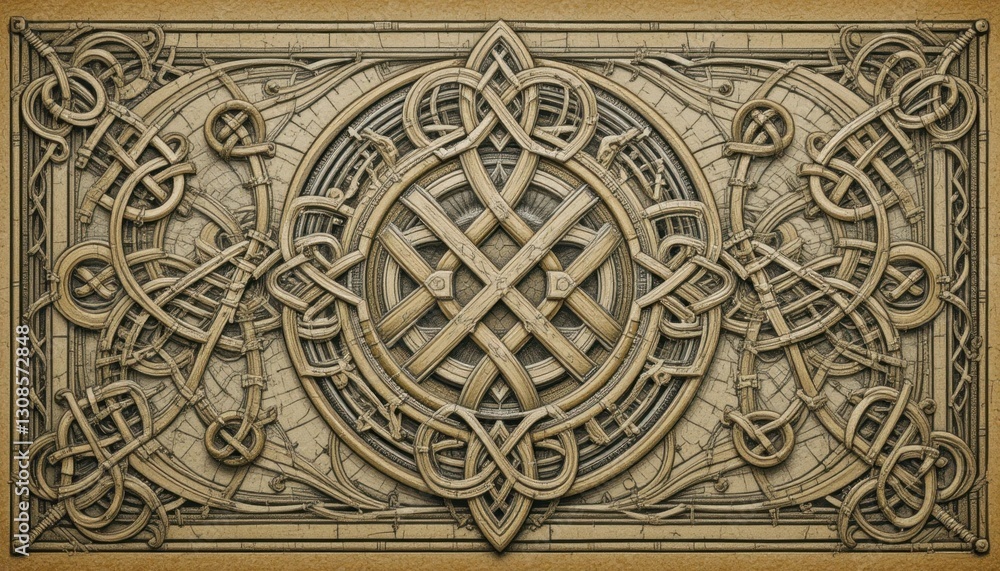 Intricate celtic knot design artistic creation wall art indoor space close-up view cultural heritage Intricate celtic knot design artistic creation wall art indoor space close-up view cultural heritage