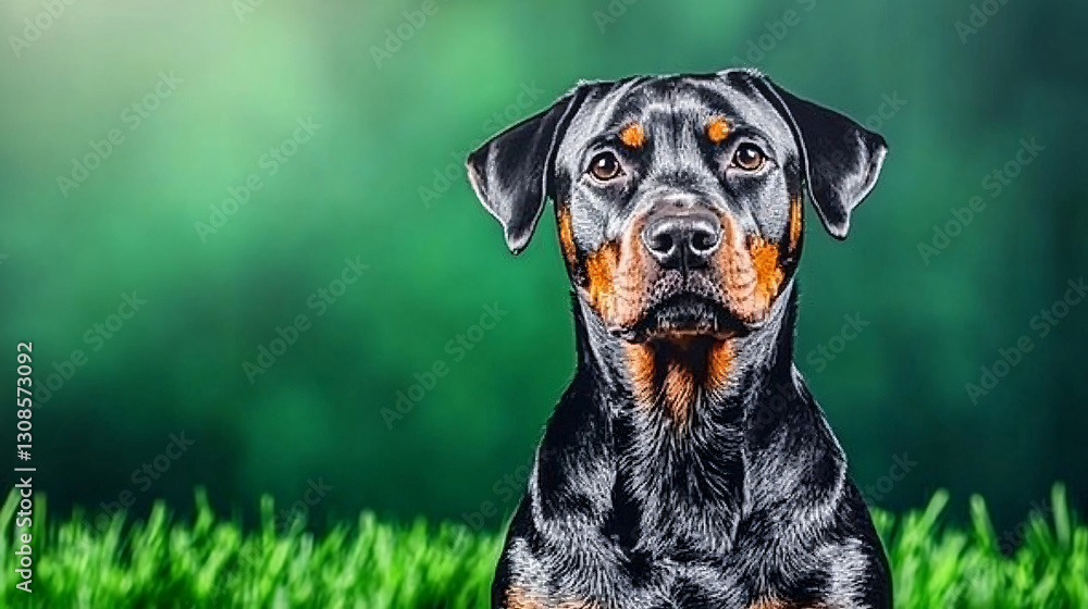 Obraz premium majestic Rottweiler sits proudly in lush green field, showcasing its strong features and attentive expression. vibrant background enhances dog striking appearance