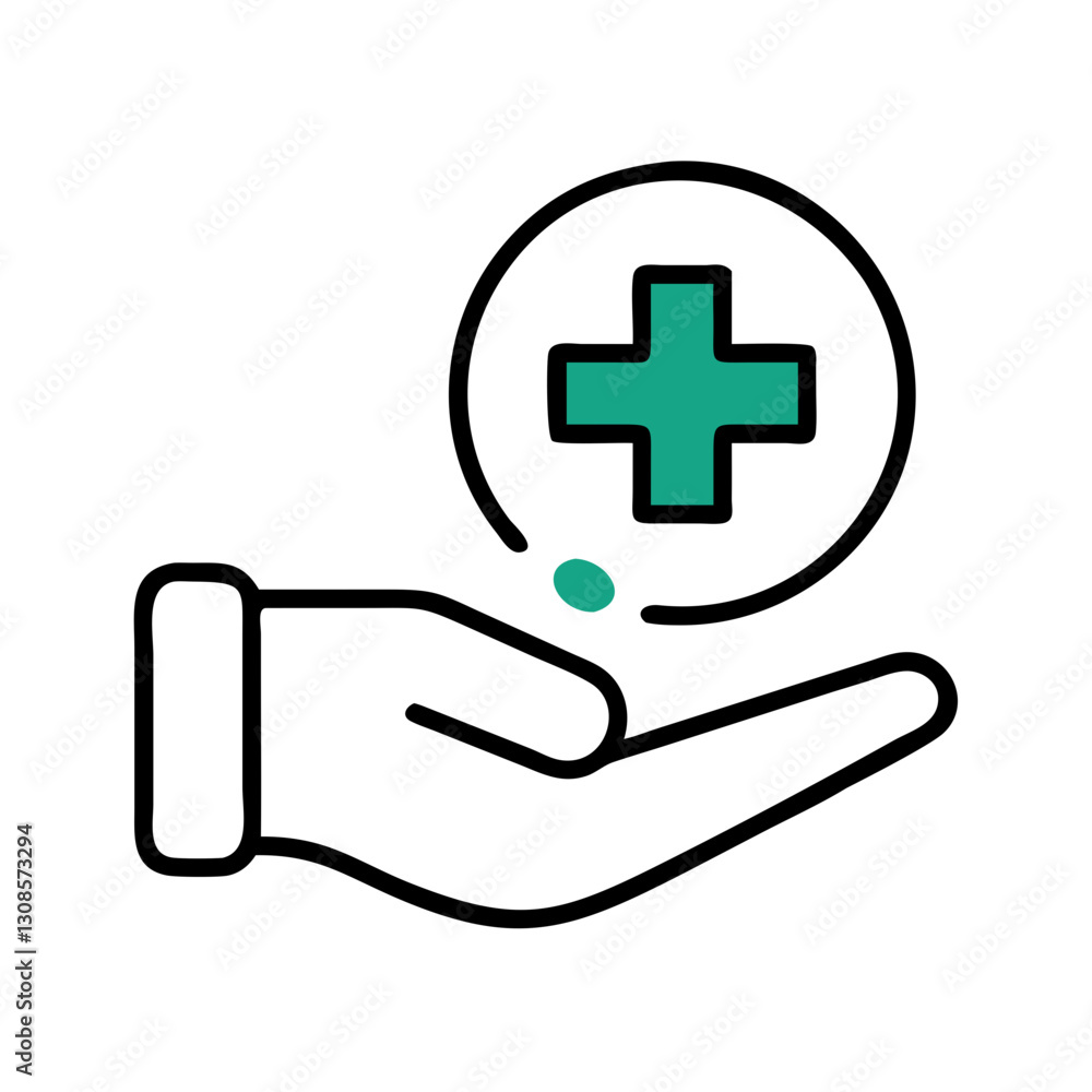 Hand holding health symbol with medical cross icon Hand holding health symbol with medical cross icon