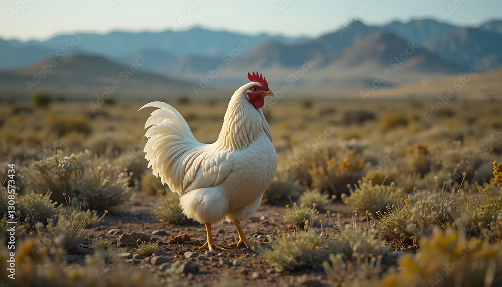 Fototapeta premium White Rooster Strutting Through Arid Field with Distant Mountains at Sunrise