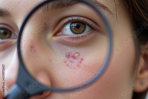 A person examining skin blemishes with a magnifying glass photo