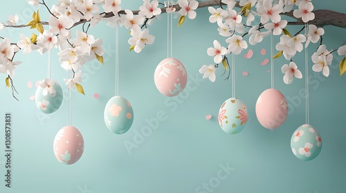 Easter backdrop with cherry blossom branches, pastel eggs, and a white frame against a soft blue background with delicate floral decorations

