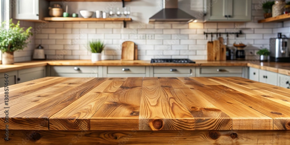 Rustic Kitchen Island Tabletop Display Warm Wooden Surface with Blurred Background of Cabinets and Appliances Rustic Kitchen Island Tabletop Display Warm Wooden Surface with Blurred Background of Cabinets and Appliances