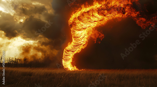 Intense Fiery Tornado Swirling Through Grassy Field Under Dramatic Sky