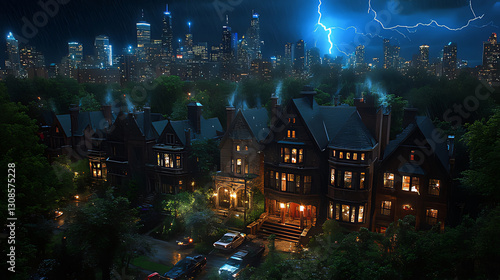 Nighttime Cityscape With Dramatic Lightning and Historic Residential Street