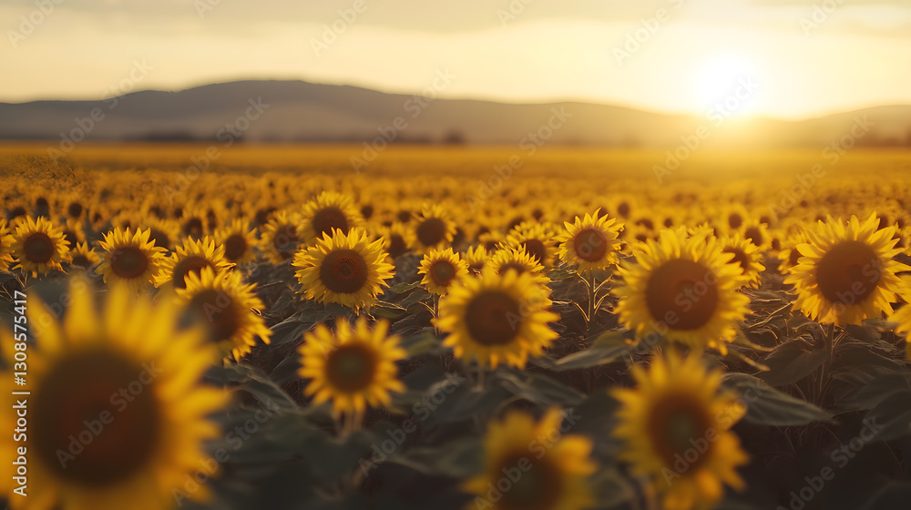 Fototapeta premium Sunflower field sunrise wallpaper nature background landscape view closeup details vibrant yellow blooms