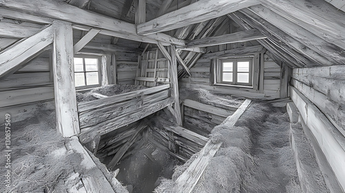 Rustic Abandoned Barn Loft Featuring Weathered Wooden Beams and Attic Windows