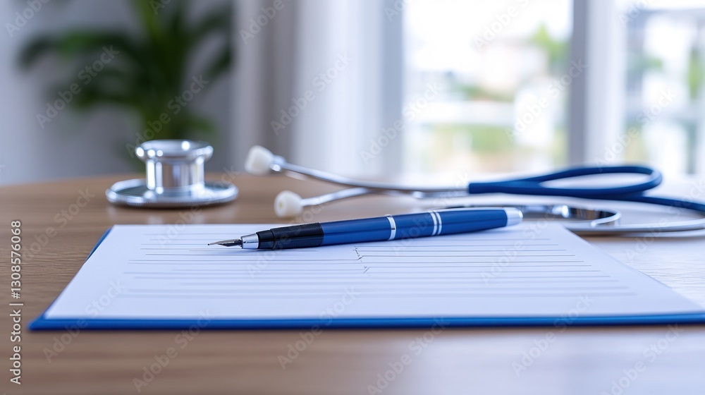 Medical forms, pen, and stethoscope on wooden table in clinic Medical forms, pen, and stethoscope on wooden table in clinic