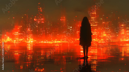 Silhouette Against a Vibrant Fiery Urban Cityscape Illustration