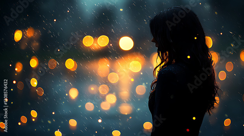 Silhouette of a Woman Standing in a Rainy Evening with Golden Lights