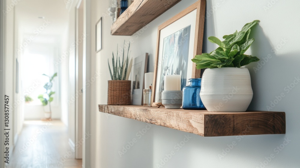 Fototapeta premium Stylish hallway with narrow floating shelves showcasing plants, candles, and framed artwork in a modern home setting