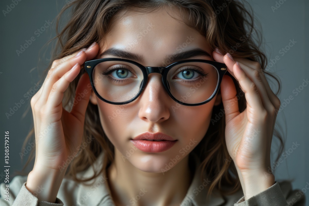 Fototapeta premium A Beautiful Woman Is Wearing Black Eyeglasses and Looking Forward