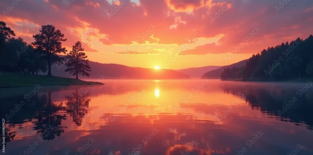 Fototapeta premium Serene sunrise paints the still waters of a small, empty lake, trees silhouetted on the horizon , sun rays through trees, twilight