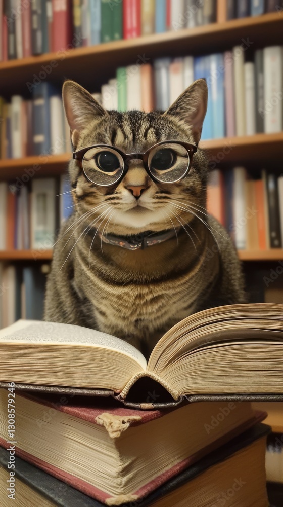 A striped tabby cat wearing glasses sitting in front of an open book amidst a colorful bookshelf. A delightful combination of humor and charm, ideal for literary themes.. AI Generation A striped tabby cat wearing glasses sitting in front of an open book amidst a colorful bookshelf. A delightful combination of humor and charm, ideal for literary themes.. AI Generation