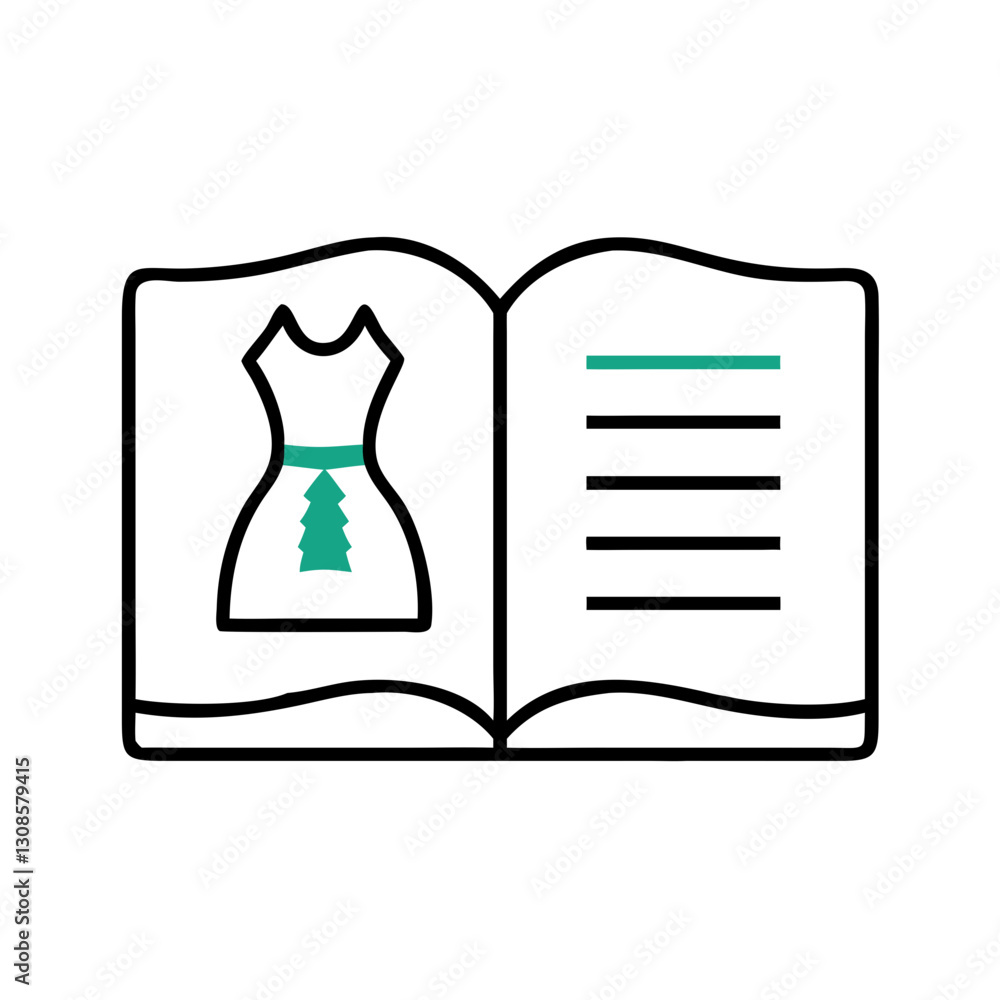 Fototapeta premium Fashion design book showing dress illustration and notes, fashion catalog, fashion magazine, clothing patterns