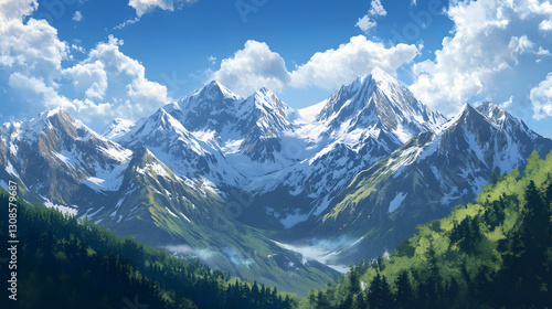 Wallpaper Mural Majestic snowcapped mountain range wallpaper scenic landscape nature background clear blue sky vibrant green forest Torontodigital.ca