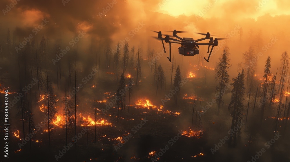 A drone flies over a scorched forest, carrying emergency rations to survivors of a wildfire disaster A drone flies over a scorched forest, carrying emergency rations to survivors of a wildfire disaster