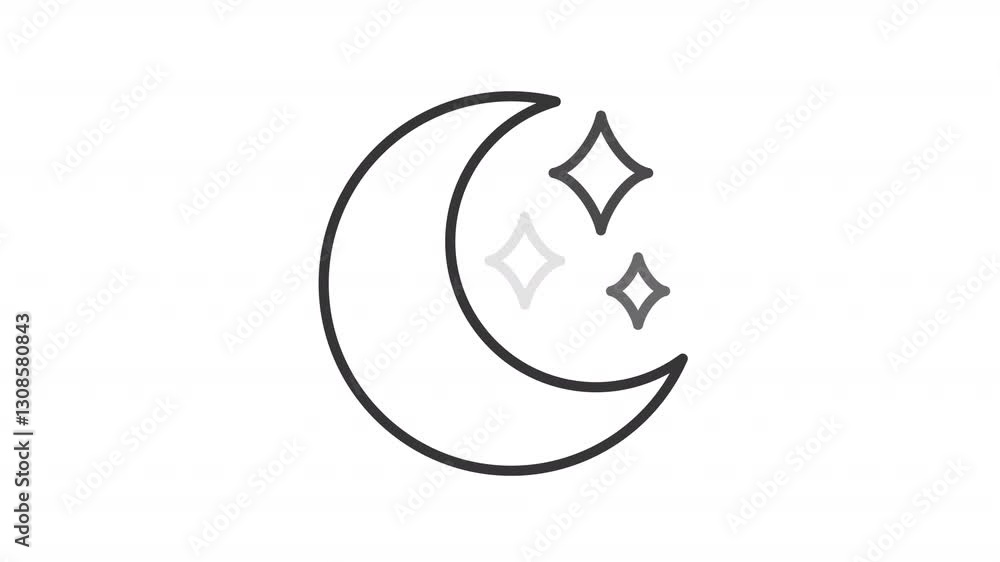 Moon line animation. Crescent with sparkling stars animated icon. Symbol of nighttime and calmness. Night sky. Black illustration on white background. HD video with alpha channel. Motion graphic Moon line animation. Crescent with sparkling stars animated icon. Symbol of nighttime and calmness. Night sky. Black illustration on white background. HD video with alpha channel. Motion graphic