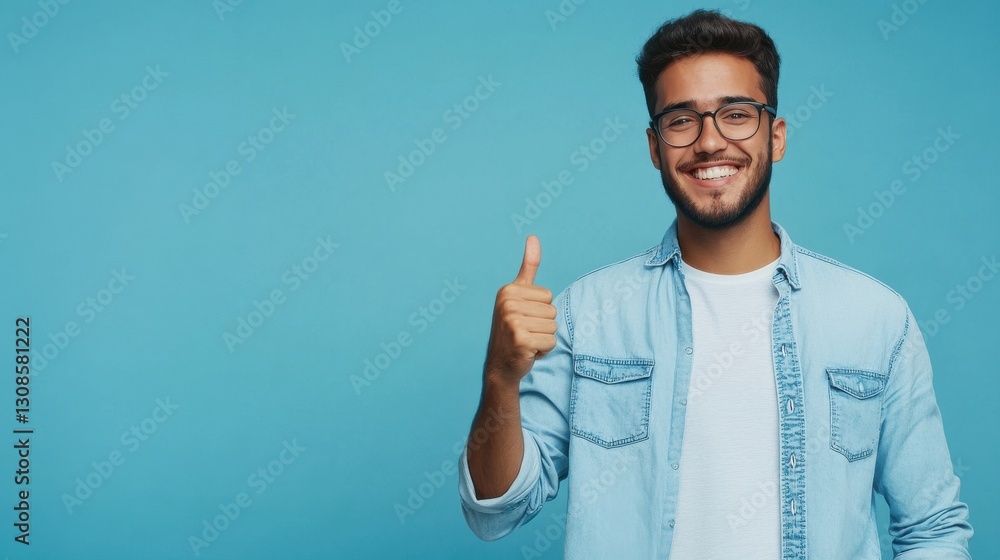 Naklejka premium Smiling man with glasses gives a thumbs up in front of a blue background during a cheerful moment
