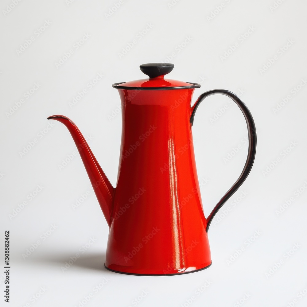 Fototapeta premium Bright red enamel coffee pot with black accents perfect for morning brews in a cozy kitchen setting