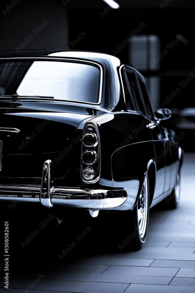 Naklejka premium Vintage black car rear view with classic tail lights in garage setting
