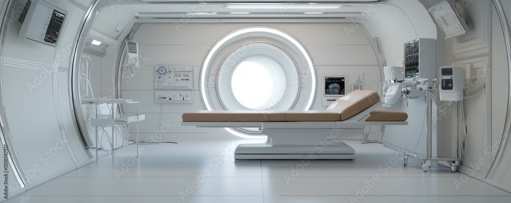 A sleek, futuristic medical room featuring a central examination table and a large circular window, emphasizing a high-tech, sterile environment. A sleek, futuristic medical room featuring a central examination table and a large circular window, emphasizing a high-tech, sterile environment.