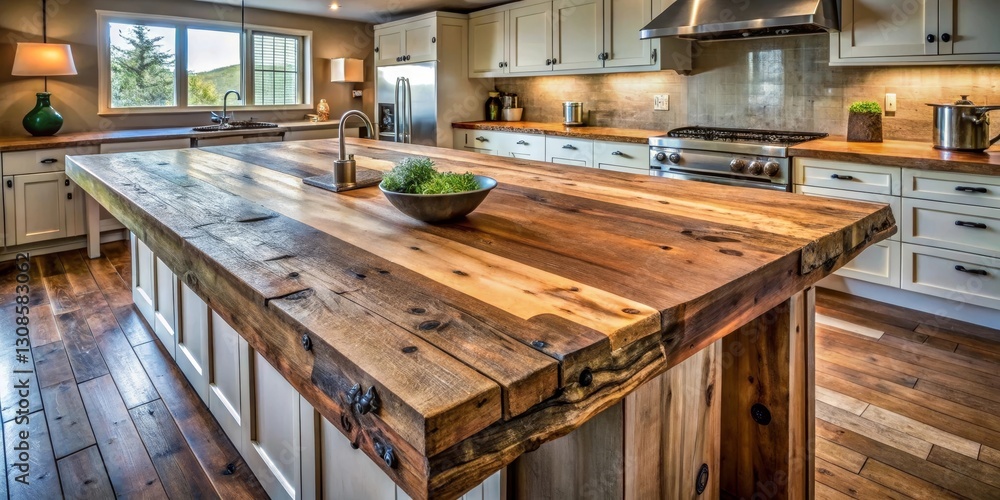 Rustic Charm A Kitchen Island Showcasing a Weathered Wood Countertop, Crafted from Reclaimed Lumber, and Integrated Seamlessly into a Bright, Modern Kitchen Design Rustic Charm A Kitchen Island Showcasing a Weathered Wood Countertop, Crafted from Reclaimed Lumber, and Integrated Seamlessly into a Bright, Modern Kitchen Design