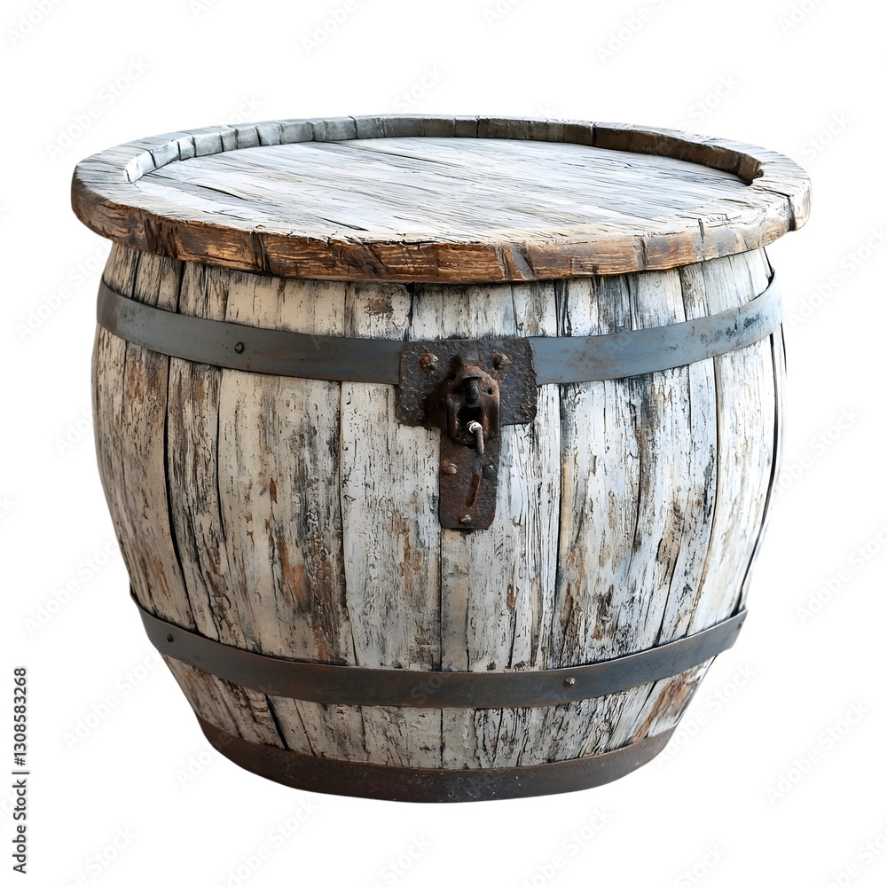 Rustic Whitewashed Wooden Barrel with Hinged Storage Lid Rustic Whitewashed Wooden Barrel with Hinged Storage Lid