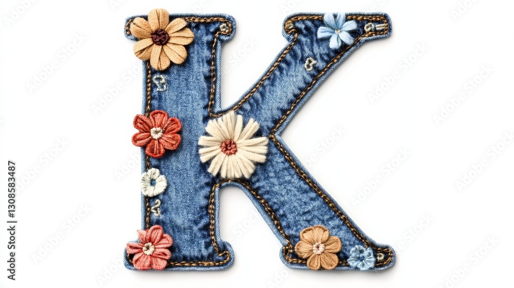 Obraz premium denim letter K with gentle sewed flowers on with white background.