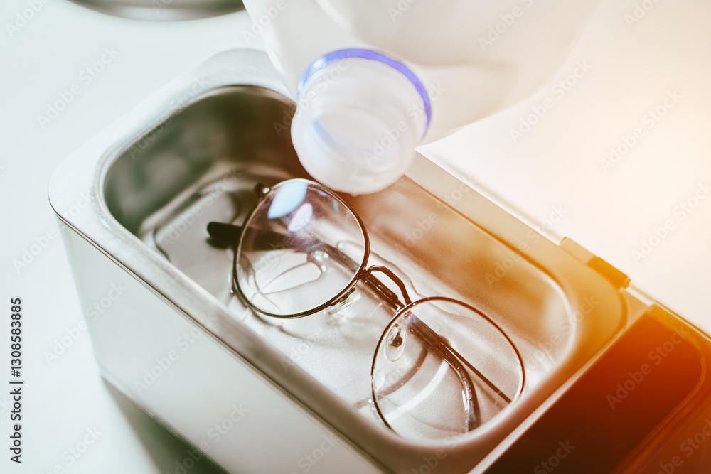 Round glasses submerged in ultrasonic cleaning unit