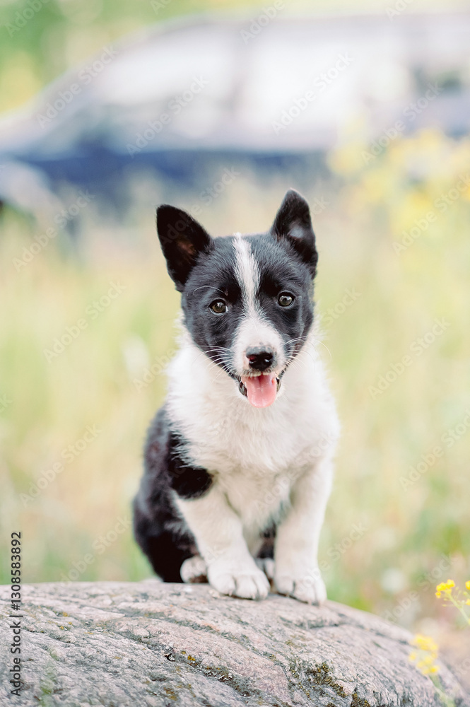 Adorable black-and-white puppy sits on rock under warm summer sun adorable fur shining daylight adorable innocent gaze capturing hearts making perfect pet moment mixed-breed puppy looking for family Adorable black-and-white puppy sits on rock under warm summer sun adorable fur shining daylight adorable innocent gaze capturing hearts making perfect pet moment mixed-breed puppy looking for family
