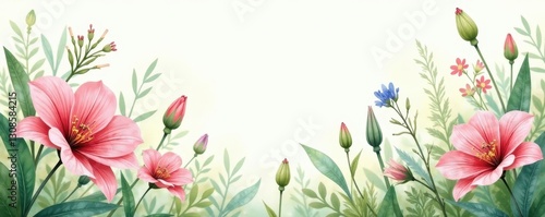 Delicate watercolor pasque flowers, lush green leaves Botanical illustration , purple, soft