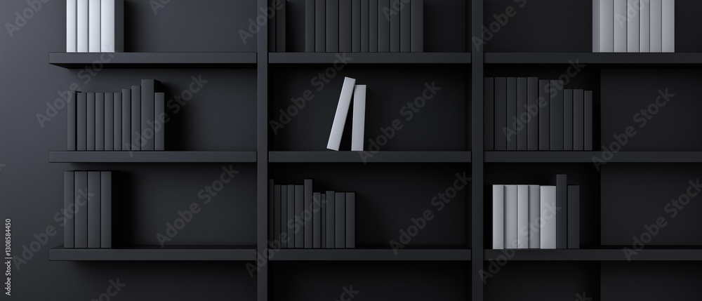 Black bookshelf with six shelves. the shelves are arranged in a grid-like pattern, with each shelf containing a different type of book. Black bookshelf with six shelves. the shelves are arranged in a grid-like pattern, with each shelf containing a different type of book.