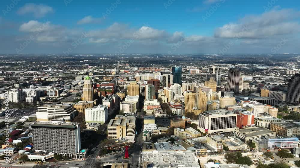 Aerial tracking shot in front of downtown San Antonio, sunny day in Texas, USA Aerial tracking shot in front of downtown San Antonio, sunny day in Texas, USA