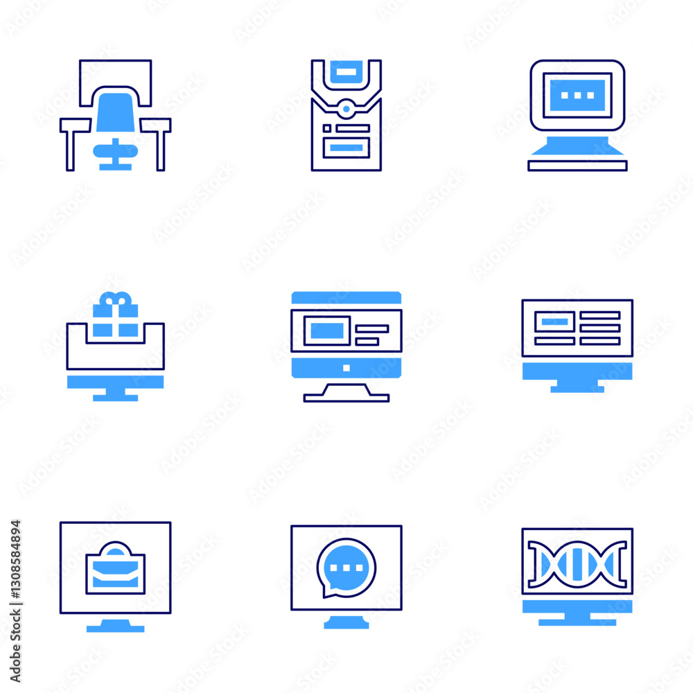 Computer icon set. Bold line style. Duotone colors. Editable stroke. chat, computer, workplace, computer tower, pc Computer icon set. Bold line style. Duotone colors. Editable stroke. chat, computer, workplace, computer tower, pc