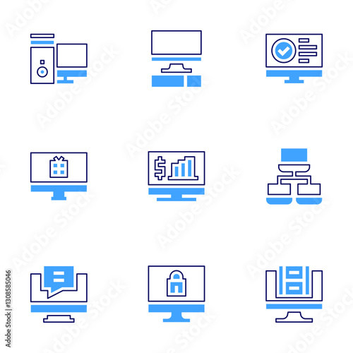 Computer icon set. Bold line style. Duotone colors. Editable stroke. computer, pc, voting, network